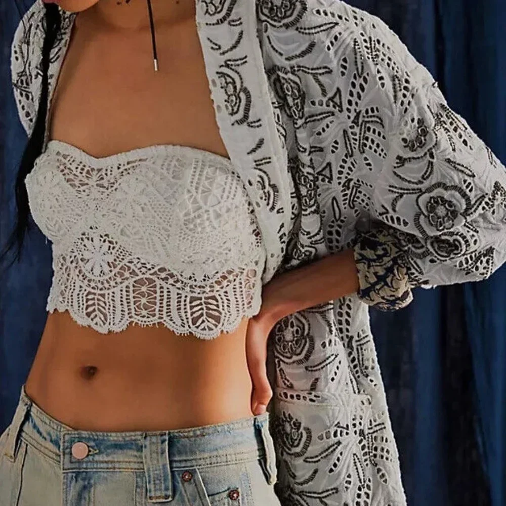 Free People Fp One Lumi Bandeau La Fleur White Smocked Crochet Strapless Top
